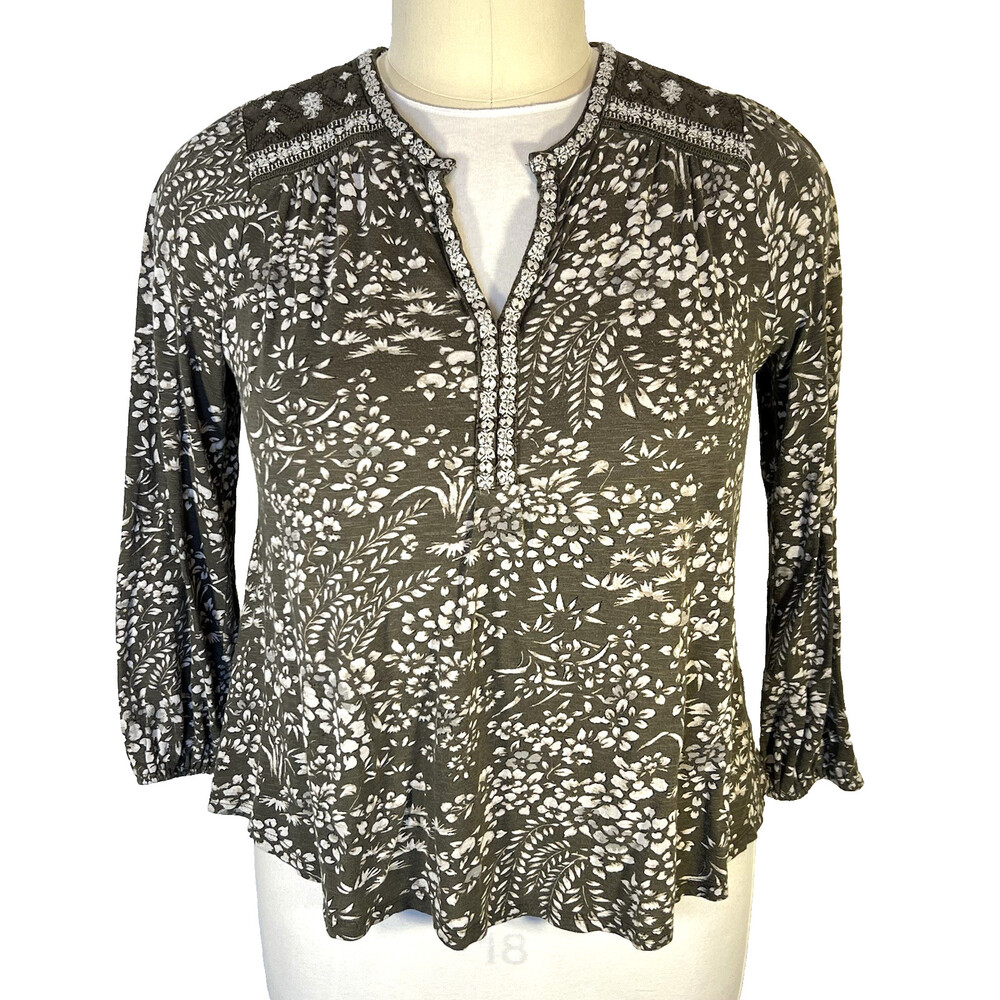 Lucky Brand Peasant Top Womens 1X Olive Green Floral Cottage V-Neck Boho Long